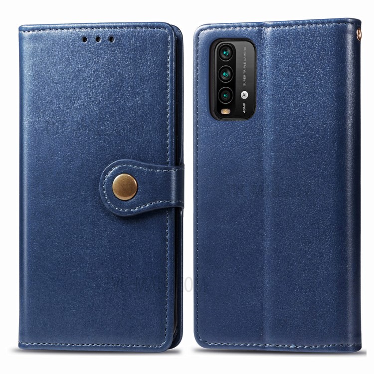 Round Buckle Design Wallet Stand Plain Leather Phone Case Shell for Xiaomi Redmi 9T/9 Power/Note 9 4G (Qualcomm Snapdragon 662) - Blue-1