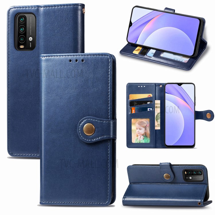 Round Buckle Design Wallet Stand Plain Leather Phone Case Shell for Xiaomi Redmi 9T/9 Power/Note 9 4G (Qualcomm Snapdragon 662) - Blue-10