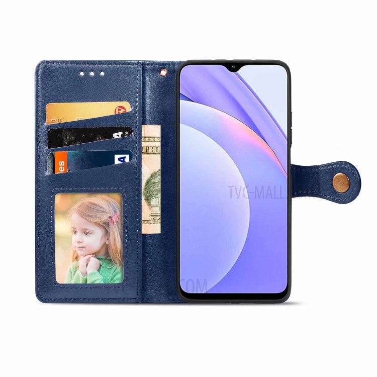 Round Buckle Design Wallet Stand Plain Leather Phone Case Shell for Xiaomi Redmi 9T/9 Power/Note 9 4G (Qualcomm Snapdragon 662) - Blue-3