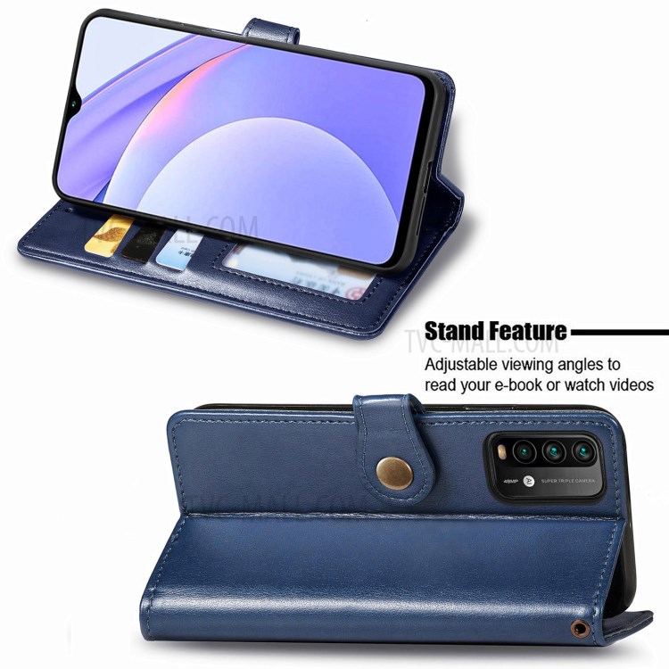Round Buckle Design Wallet Stand Plain Leather Phone Case Shell for Xiaomi Redmi 9T/9 Power/Note 9 4G (Qualcomm Snapdragon 662) - Blue-4