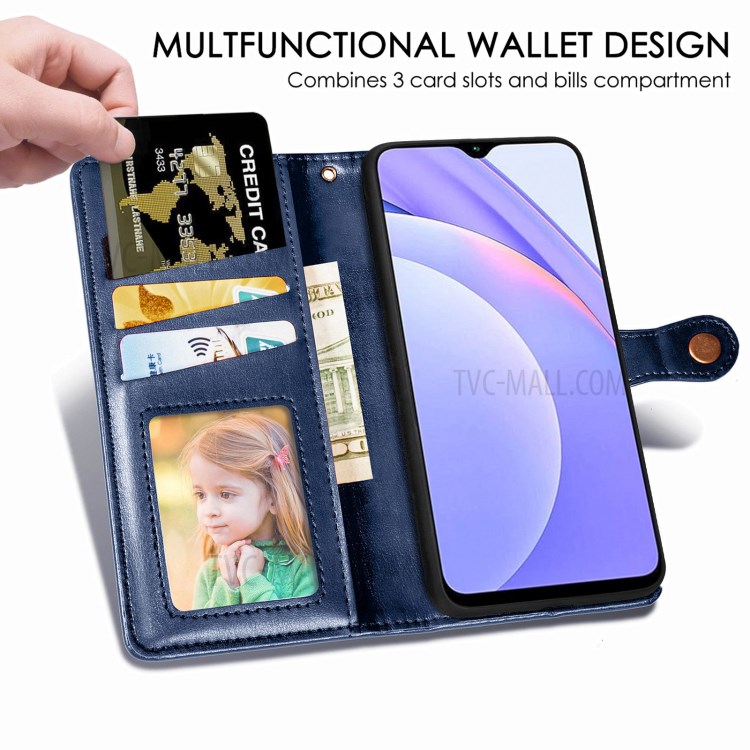 Round Buckle Design Wallet Stand Plain Leather Phone Case Shell for Xiaomi Redmi 9T/9 Power/Note 9 4G (Qualcomm Snapdragon 662) - Blue-5