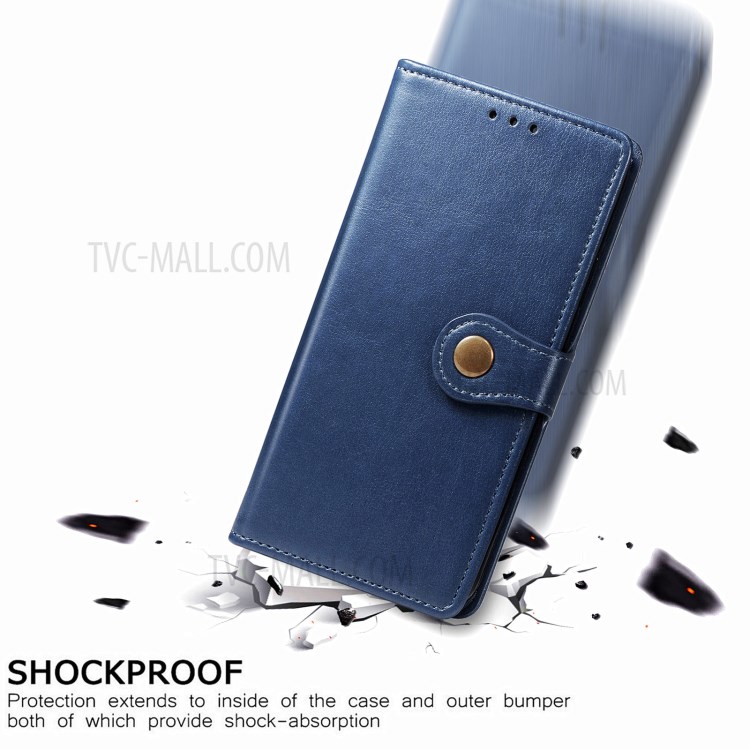 Round Buckle Design Wallet Stand Plain Leather Phone Case Shell for Xiaomi Redmi 9T/9 Power/Note 9 4G (Qualcomm Snapdragon 662) - Blue-7