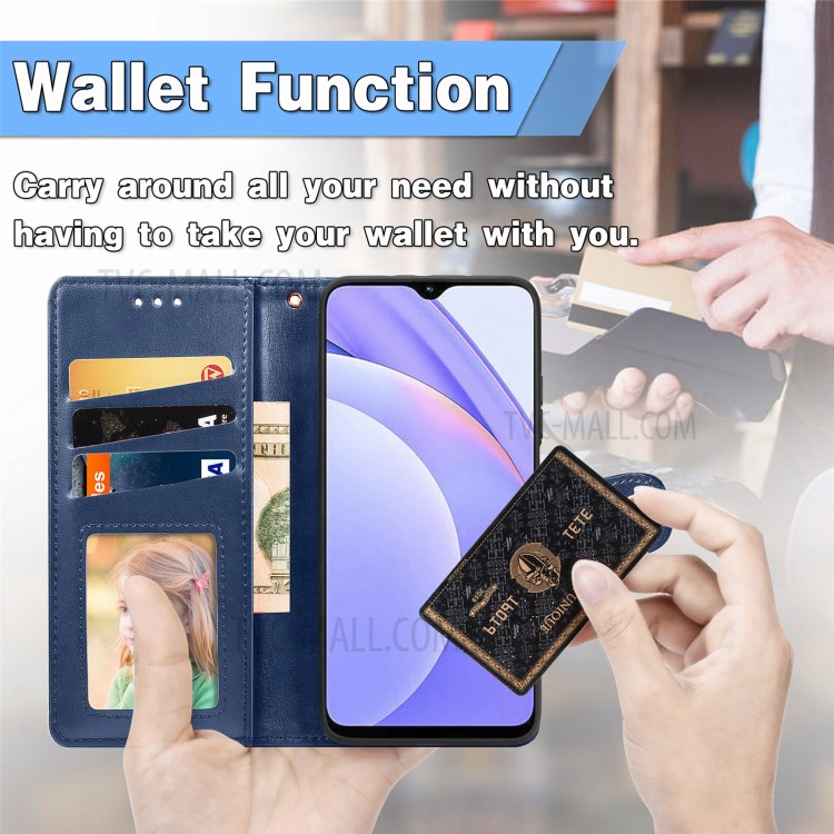 Round Buckle Design Wallet Stand Plain Leather Phone Case Shell for Xiaomi Redmi 9T/9 Power/Note 9 4G (Qualcomm Snapdragon 662) - Blue-8