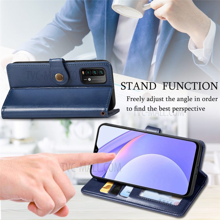 Round Buckle Design Wallet Stand Plain Leather Phone Case Shell for Xiaomi Redmi 9T/9 Power/Note 9 4G (Qualcomm Snapdragon 662) - Blue-9