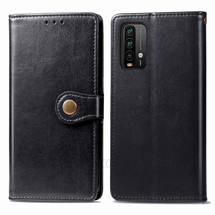 Round Buckle Design Wallet Stand Plain Leather Phone Case Shell for Xiaomi Redmi 9T/9 Power/Note 9 4G (Qualcomm Snapdragon 662) - Black-1