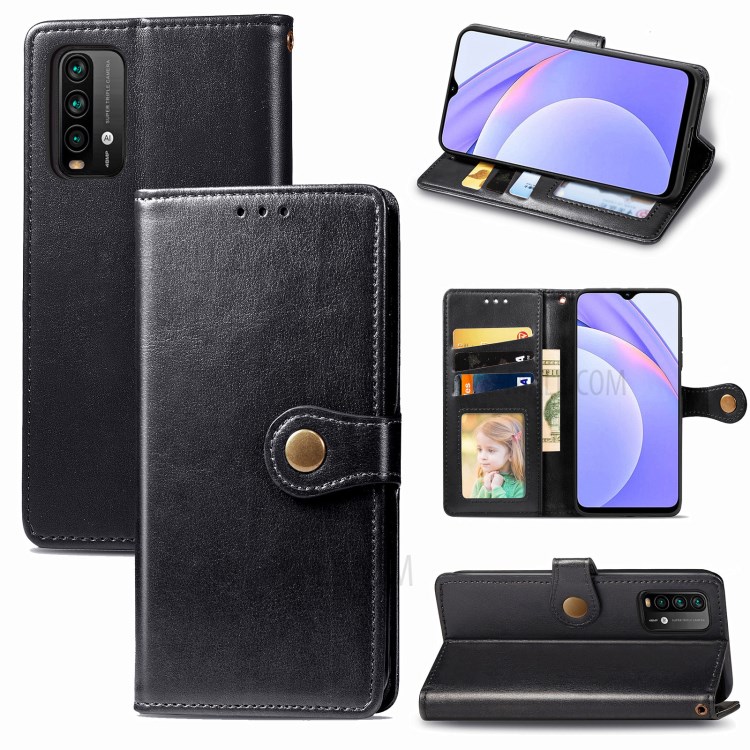 Round Buckle Design Wallet Stand Plain Leather Phone Case Shell for Xiaomi Redmi 9T/9 Power/Note 9 4G (Qualcomm Snapdragon 662) - Black-10