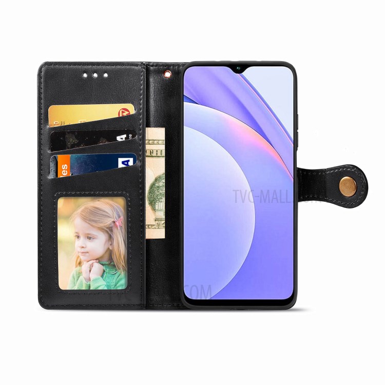Round Buckle Design Wallet Stand Plain Leather Phone Case Shell for Xiaomi Redmi 9T/9 Power/Note 9 4G (Qualcomm Snapdragon 662) - Black-3