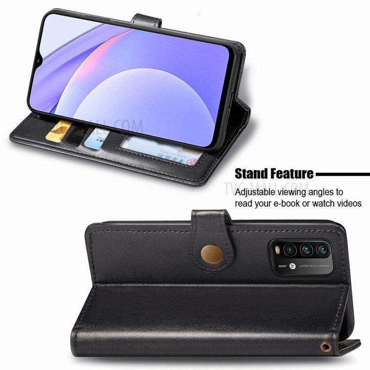 Round Buckle Design Wallet Stand Plain Leather Phone Case Shell for Xiaomi Redmi 9T/9 Power/Note 9 4G (Qualcomm Snapdragon 662) - Black-4