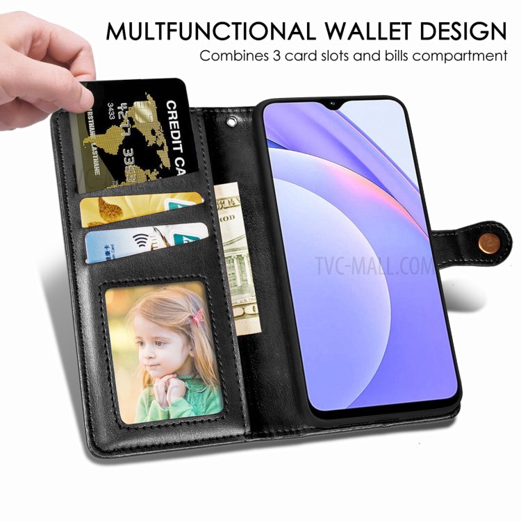 Round Buckle Design Wallet Stand Plain Leather Phone Case Shell for Xiaomi Redmi 9T/9 Power/Note 9 4G (Qualcomm Snapdragon 662) - Black-5