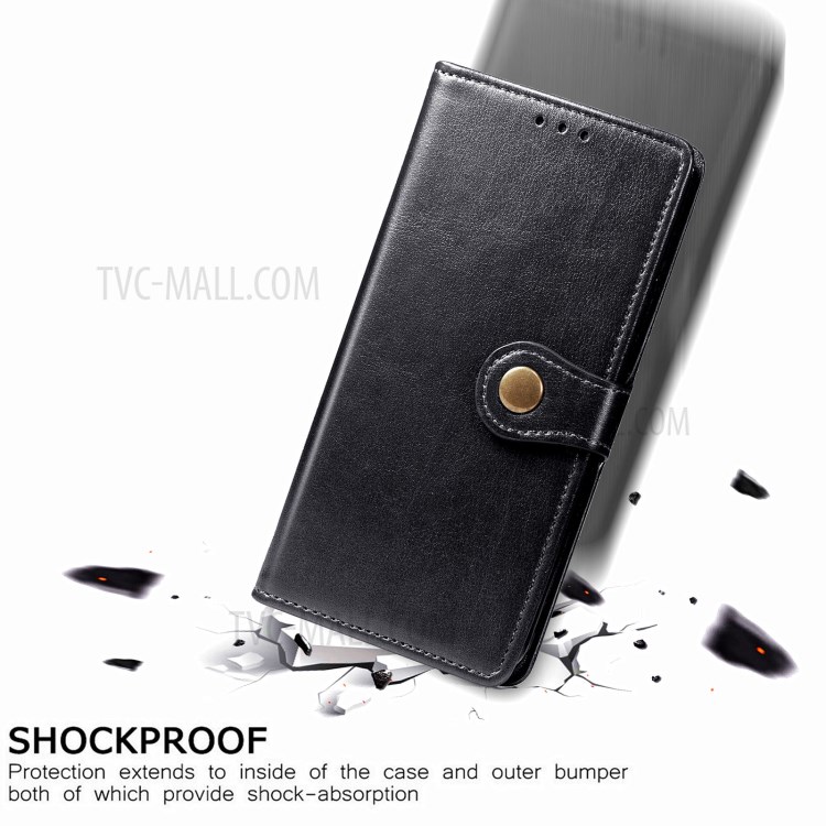Round Buckle Design Wallet Stand Plain Leather Phone Case Shell for Xiaomi Redmi 9T/9 Power/Note 9 4G (Qualcomm Snapdragon 662) - Black-7
