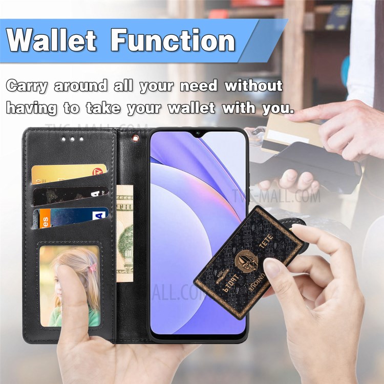 Round Buckle Design Wallet Stand Plain Leather Phone Case Shell for Xiaomi Redmi 9T/9 Power/Note 9 4G (Qualcomm Snapdragon 662) - Black-8