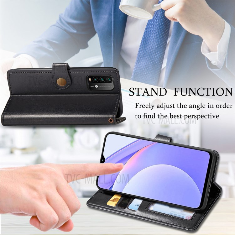 Round Buckle Design Wallet Stand Plain Leather Phone Case Shell for Xiaomi Redmi 9T/9 Power/Note 9 4G (Qualcomm Snapdragon 662) - Black-9