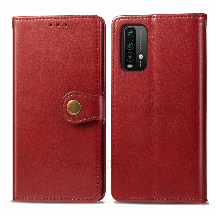 Round Buckle Design Wallet Stand Plain Leather Phone Case Shell for Xiaomi Redmi 9T/9 Power/Note 9 4G (Qualcomm Snapdragon 662) - Red-1
