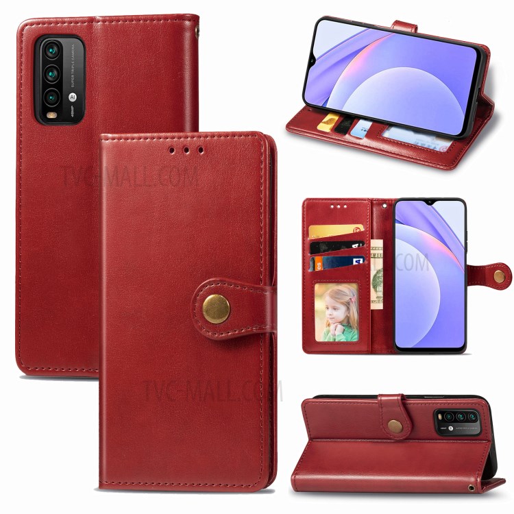 Round Buckle Design Wallet Stand Plain Leather Phone Case Shell for Xiaomi Redmi 9T/9 Power/Note 9 4G (Qualcomm Snapdragon 662) - Red-10