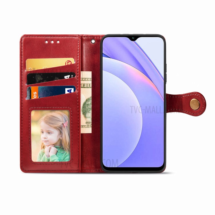 Round Buckle Design Wallet Stand Plain Leather Phone Case Shell for Xiaomi Redmi 9T/9 Power/Note 9 4G (Qualcomm Snapdragon 662) - Red-3