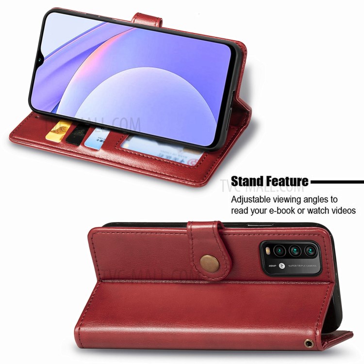 Round Buckle Design Wallet Stand Plain Leather Phone Case Shell for Xiaomi Redmi 9T/9 Power/Note 9 4G (Qualcomm Snapdragon 662) - Red-4