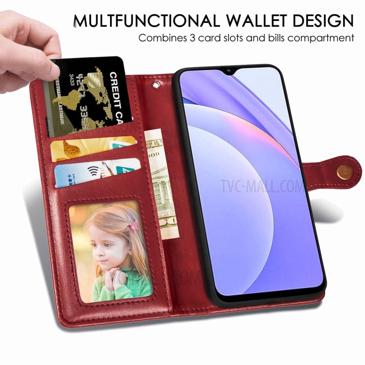 Round Buckle Design Wallet Stand Plain Leather Phone Case Shell for Xiaomi Redmi 9T/9 Power/Note 9 4G (Qualcomm Snapdragon 662) - Red-5