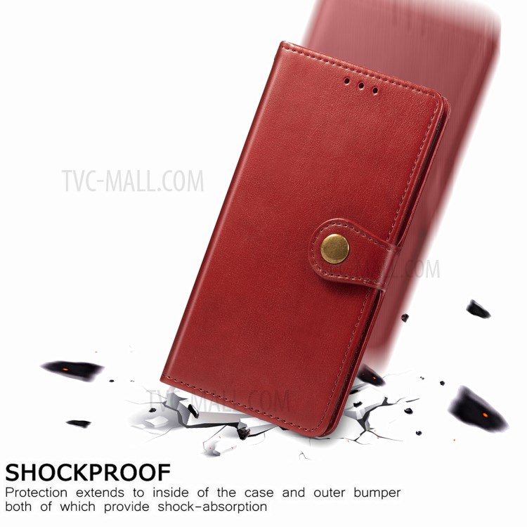 Round Buckle Design Wallet Stand Plain Leather Phone Case Shell for Xiaomi Redmi 9T/9 Power/Note 9 4G (Qualcomm Snapdragon 662) - Red-7