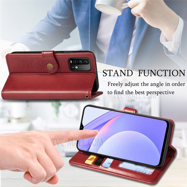 Round Buckle Design Wallet Stand Plain Leather Phone Case Shell for Xiaomi Redmi 9T/9 Power/Note 9 4G (Qualcomm Snapdragon 662) - Red-8