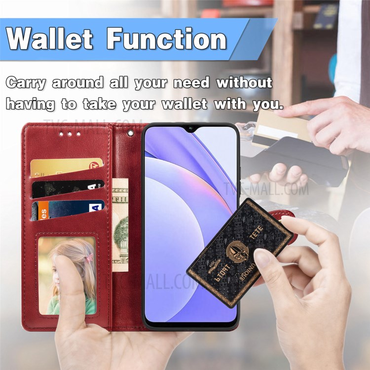 Round Buckle Design Wallet Stand Plain Leather Phone Case Shell for Xiaomi Redmi 9T/9 Power/Note 9 4G (Qualcomm Snapdragon 662) - Red-9