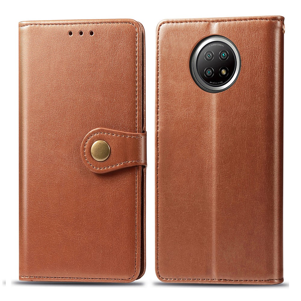 Magnetic Round Buckle Design Solid Color Wallet Stand Leather Phone Case Shell for Xiaomi Redmi Note 9 5G - Brown-1