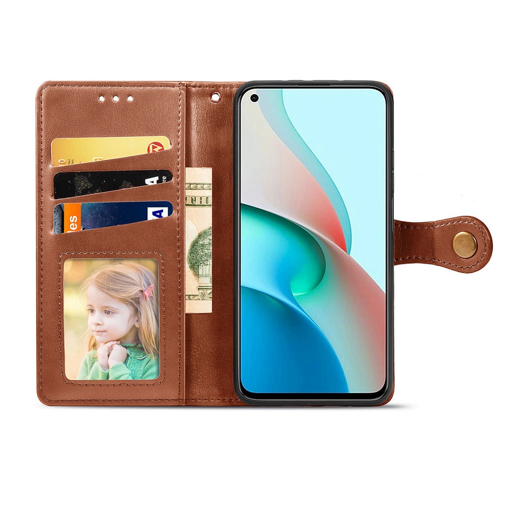 Magnetic Round Buckle Design Solid Color Wallet Stand Leather Phone Case Shell for Xiaomi Redmi Note 9 5G - Brown-2