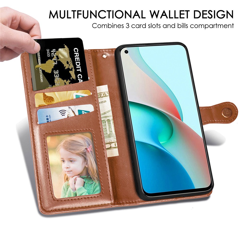 Magnetic Round Buckle Design Solid Color Wallet Stand Leather Phone Case Shell for Xiaomi Redmi Note 9 5G - Brown-3