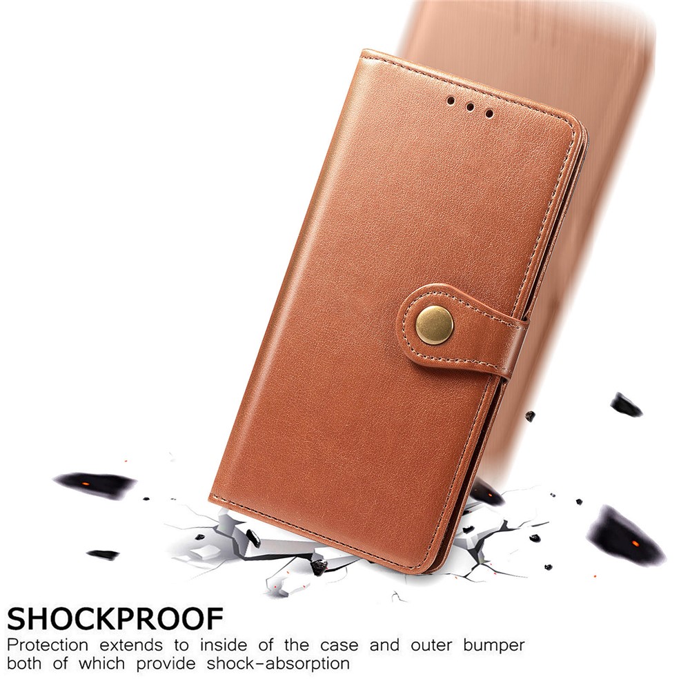 Magnetic Round Buckle Design Solid Color Wallet Stand Leather Phone Case Shell for Xiaomi Redmi Note 9 5G - Brown-5
