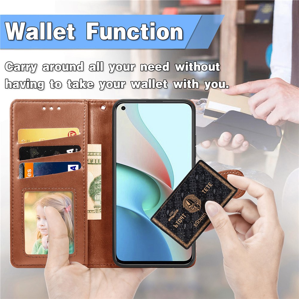 Magnetic Round Buckle Design Solid Color Wallet Stand Leather Phone Case Shell for Xiaomi Redmi Note 9 5G - Brown-6