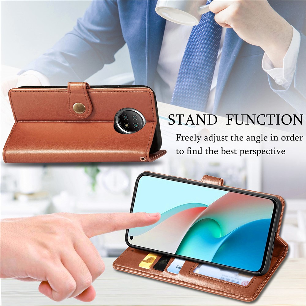 Magnetic Round Buckle Design Solid Color Wallet Stand Leather Phone Case Shell for Xiaomi Redmi Note 9 5G - Brown-7