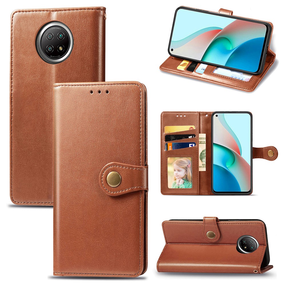 Magnetic Round Buckle Design Solid Color Wallet Stand Leather Phone Case Shell for Xiaomi Redmi Note 9 5G - Brown-8