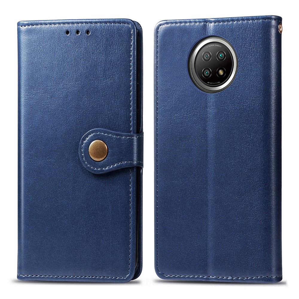 Magnetic Round Buckle Design Solid Color Wallet Stand Leather Phone Case Shell for Xiaomi Redmi Note 9 5G - Blue-1