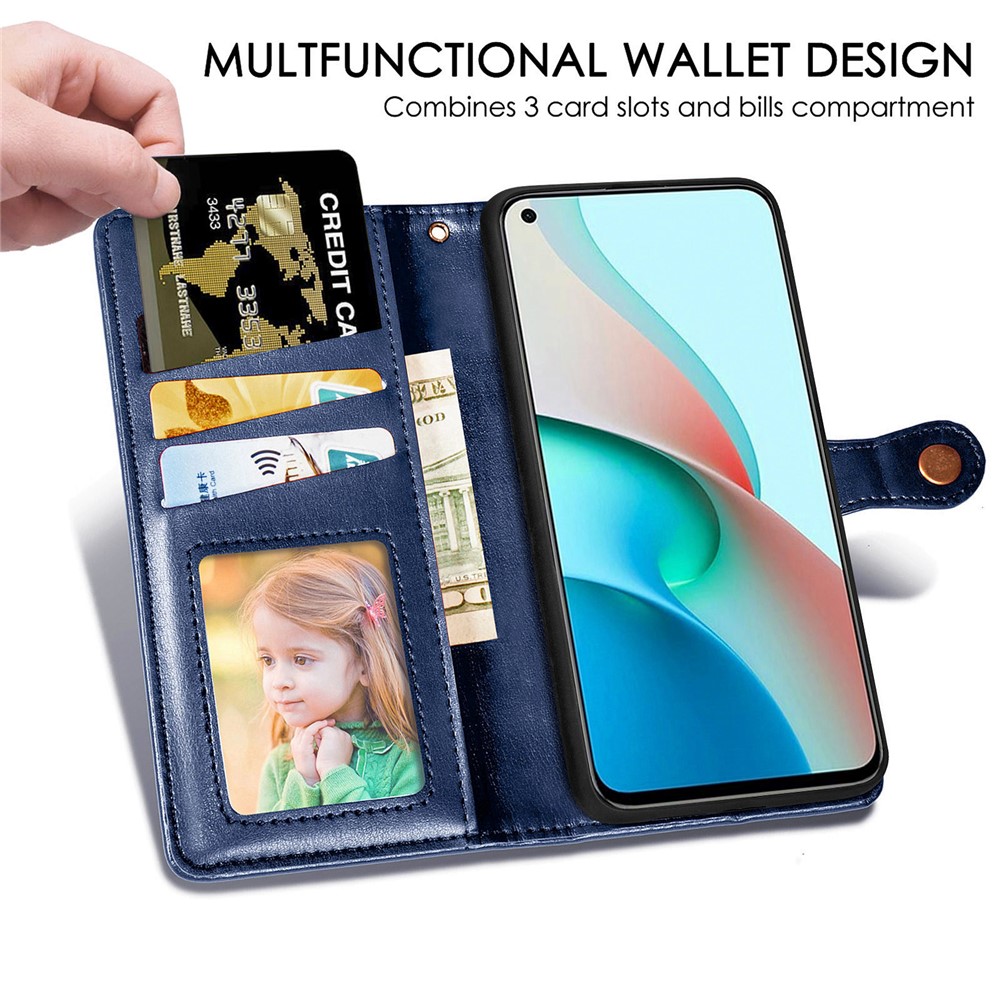 Magnetic Round Buckle Design Solid Color Wallet Stand Leather Phone Case Shell for Xiaomi Redmi Note 9 5G - Blue-3
