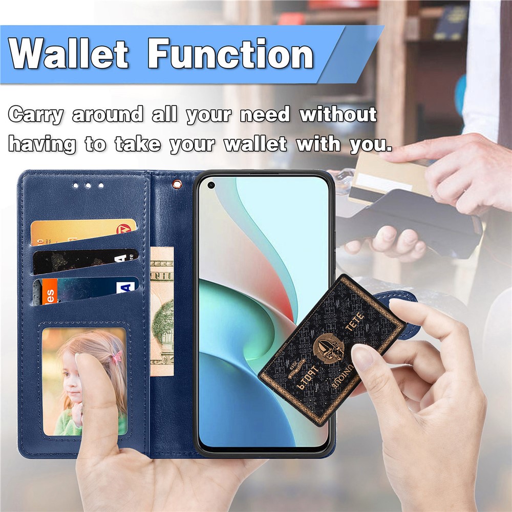 Magnetic Round Buckle Design Solid Color Wallet Stand Leather Phone Case Shell for Xiaomi Redmi Note 9 5G - Blue-6