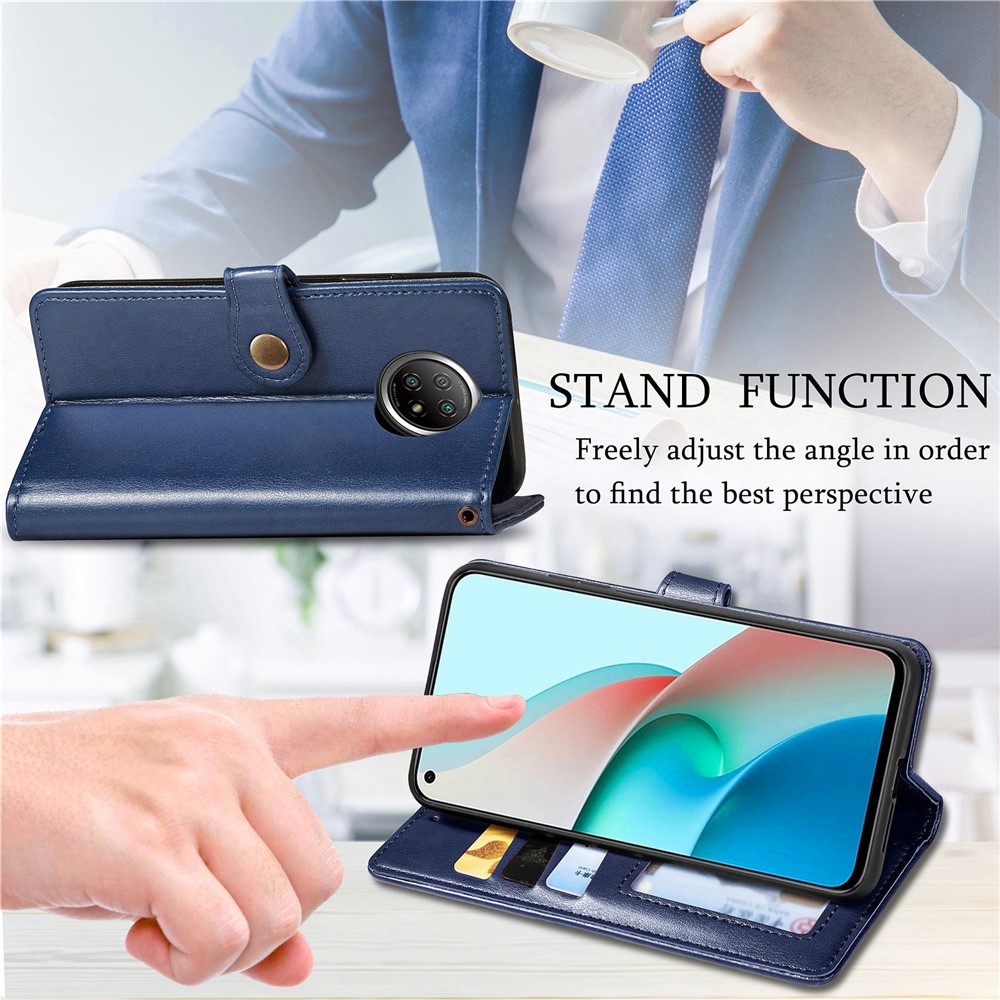 Magnetic Round Buckle Design Solid Color Wallet Stand Leather Phone Case Shell for Xiaomi Redmi Note 9 5G - Blue-7
