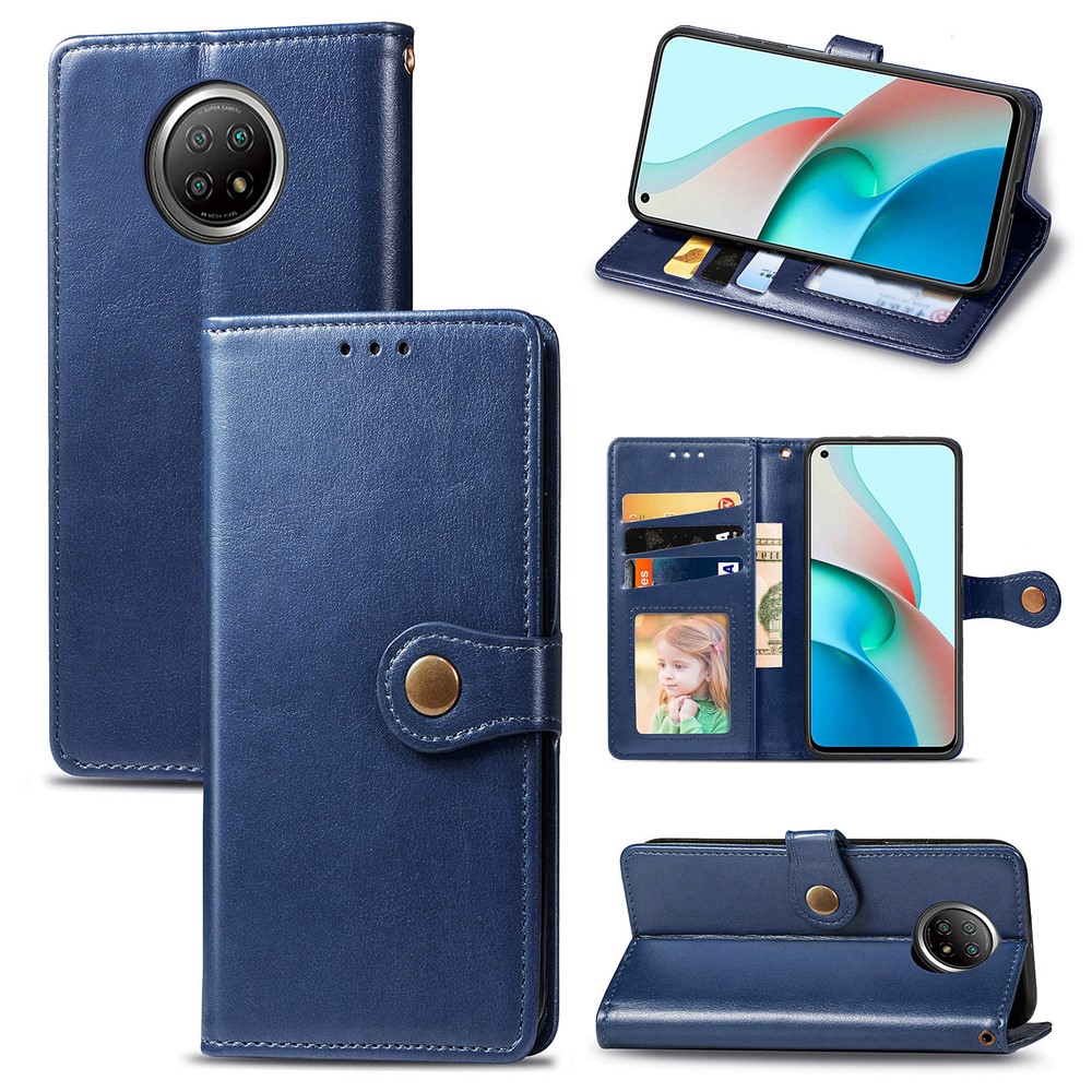 Magnetic Round Buckle Design Solid Color Wallet Stand Leather Phone Case Shell for Xiaomi Redmi Note 9 5G - Blue-8