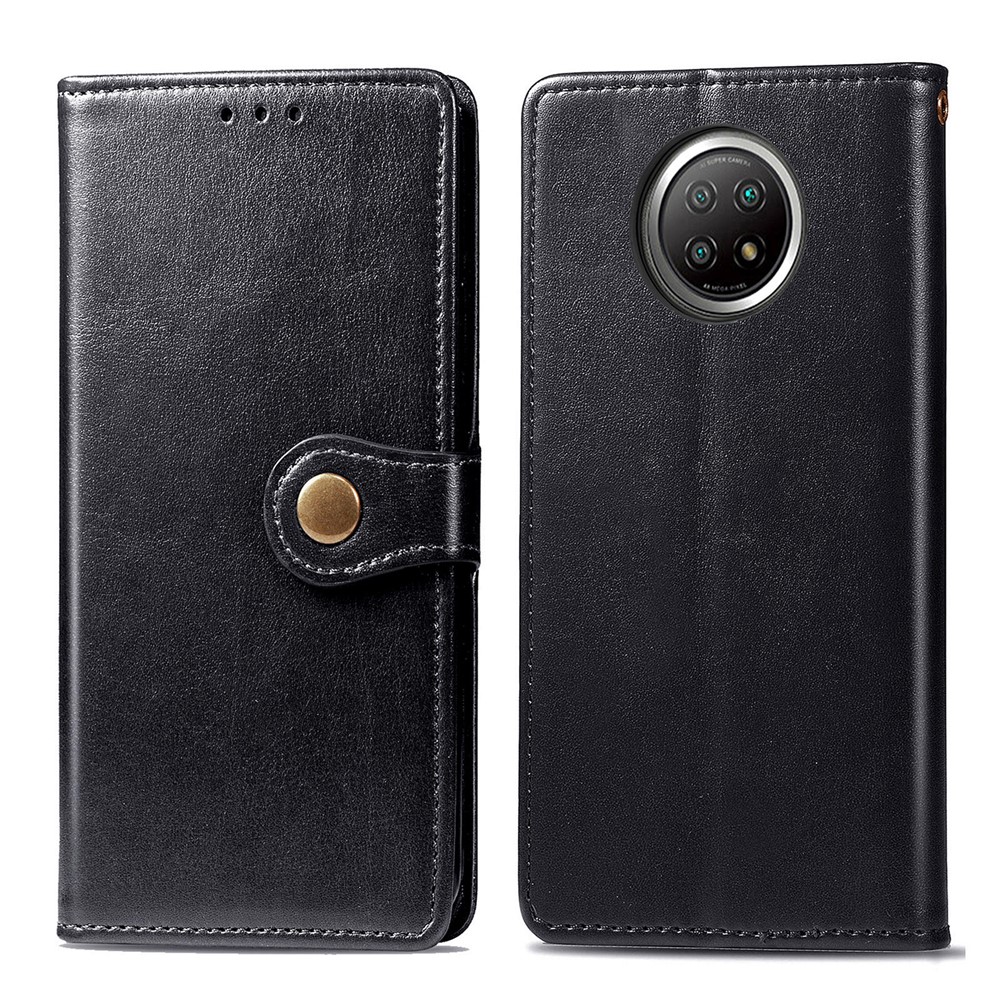 Magnetic Round Buckle Design Solid Color Wallet Stand Leather Phone Case Shell for Xiaomi Redmi Note 9 5G - Black-1