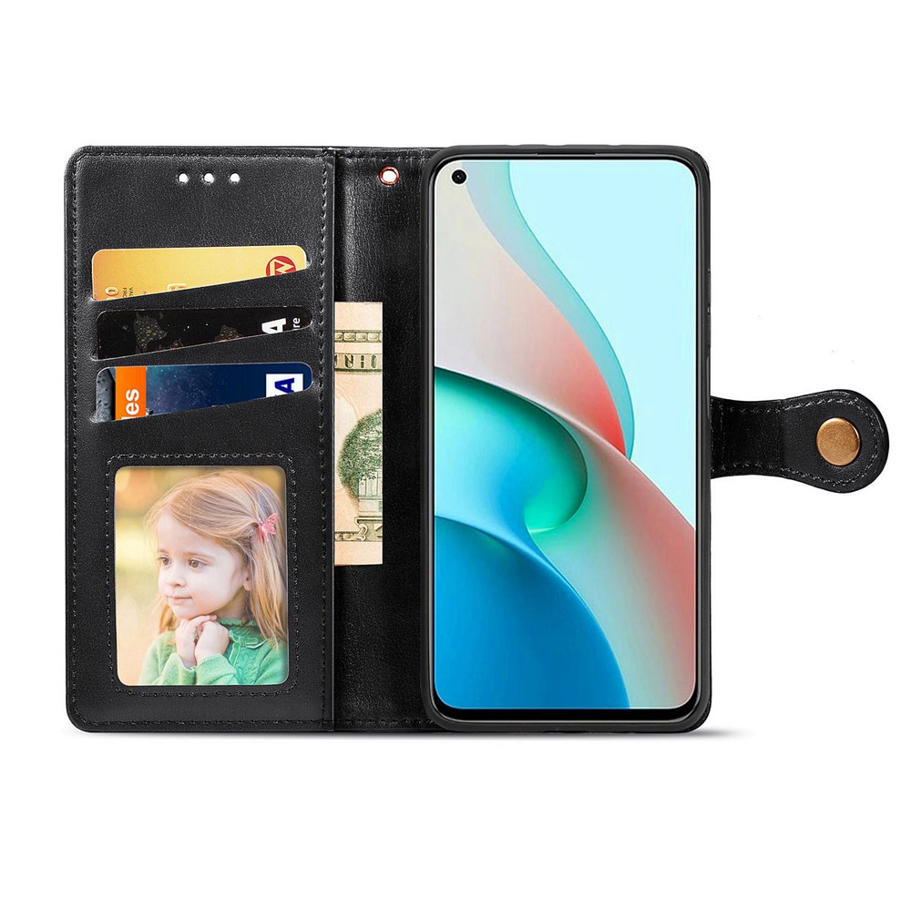 Magnetic Round Buckle Design Solid Color Wallet Stand Leather Phone Case Shell for Xiaomi Redmi Note 9 5G - Black-2
