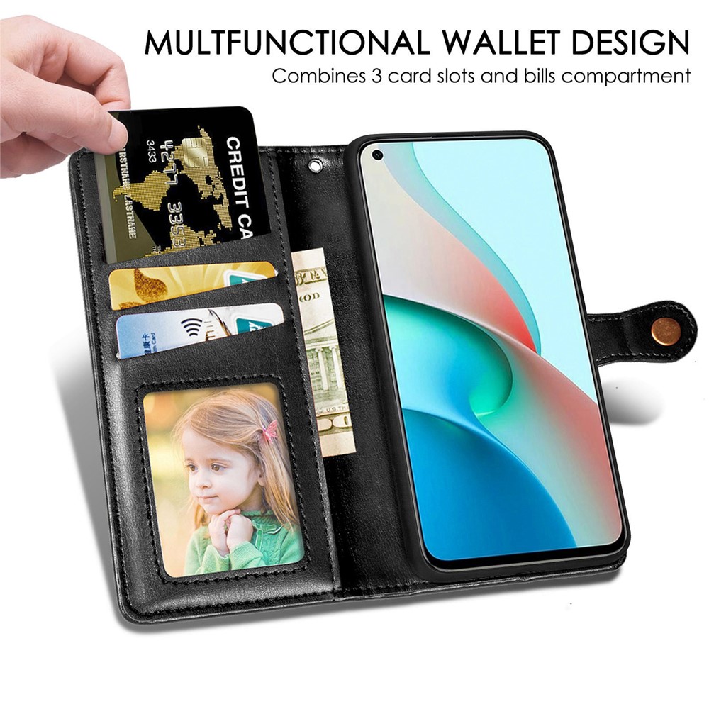 Magnetic Round Buckle Design Solid Color Wallet Stand Leather Phone Case Shell for Xiaomi Redmi Note 9 5G - Black-3