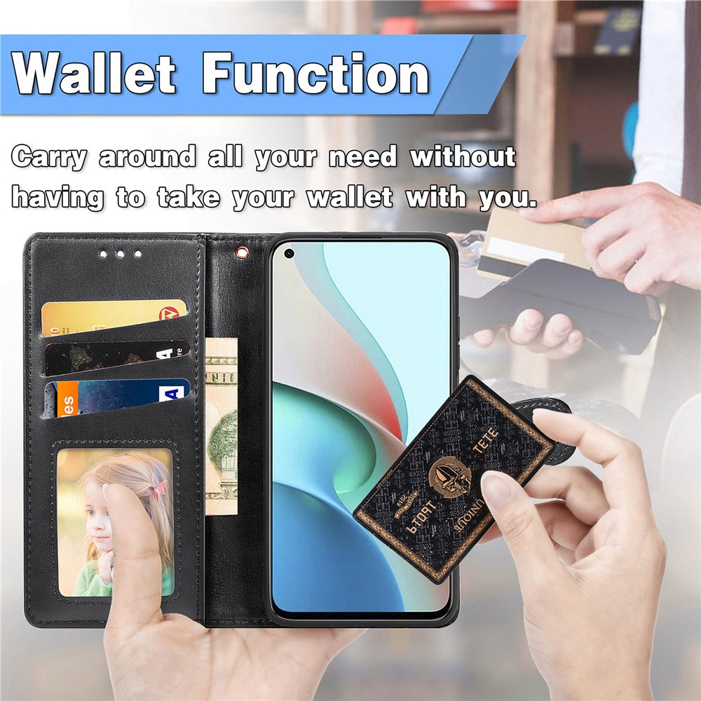 Magnetic Round Buckle Design Solid Color Wallet Stand Leather Phone Case Shell for Xiaomi Redmi Note 9 5G - Black-6
