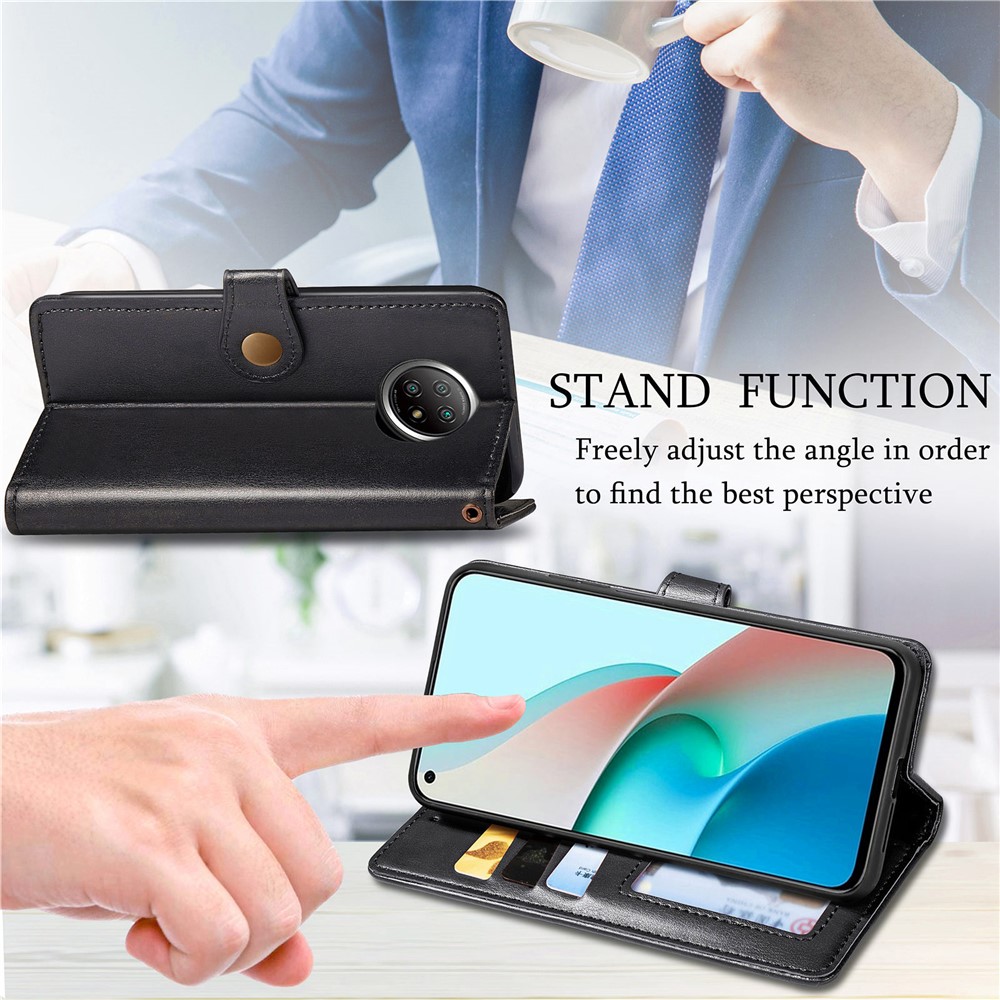 Magnetic Round Buckle Design Solid Color Wallet Stand Leather Phone Case Shell for Xiaomi Redmi Note 9 5G - Black-7