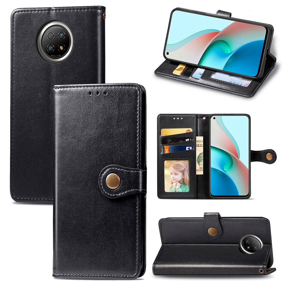 Magnetic Round Buckle Design Solid Color Wallet Stand Leather Phone Case Shell for Xiaomi Redmi Note 9 5G - Black-8