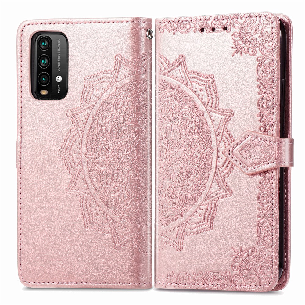 Mandala Blumenprägungs -pu -lederhülle Mit Brieftaschenstand Design Für Xiaomi Redmi 9T/9 Power/Note 9 4G (Qualcomm Snapdragon 662) - Roségold