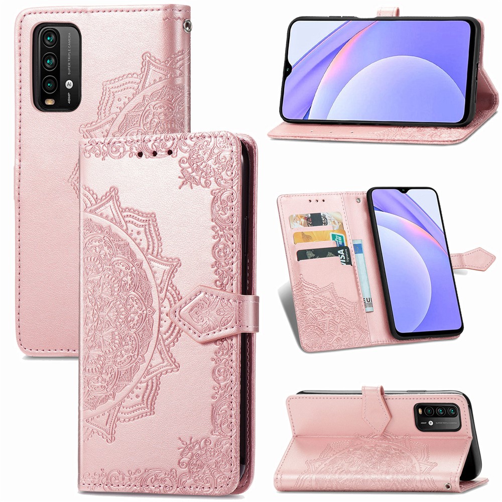 Корпус с Кожаным Корпусом Mandala Flower с Дизайном Подставки Для Кошелька Для Xiaomi Redmi 9t/9 Power/Note 9 4G (Qualcomm Snapdragon 662) - Розовое Золото