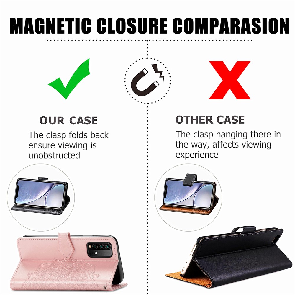 Mandala Flower Imprinting PU Leather Case with Wallet Stand Design for Xiaomi Redmi 9T/9 Power/Note 9 4G (Qualcomm Snapdragon 662) - Rose Gold-8