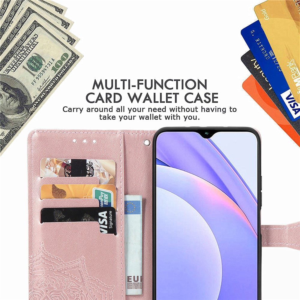 Mandala Flower Imprinting PU Leather Case with Wallet Stand Design for Xiaomi Redmi 9T/9 Power/Note 9 4G (Qualcomm Snapdragon 662) - Rose Gold-9
