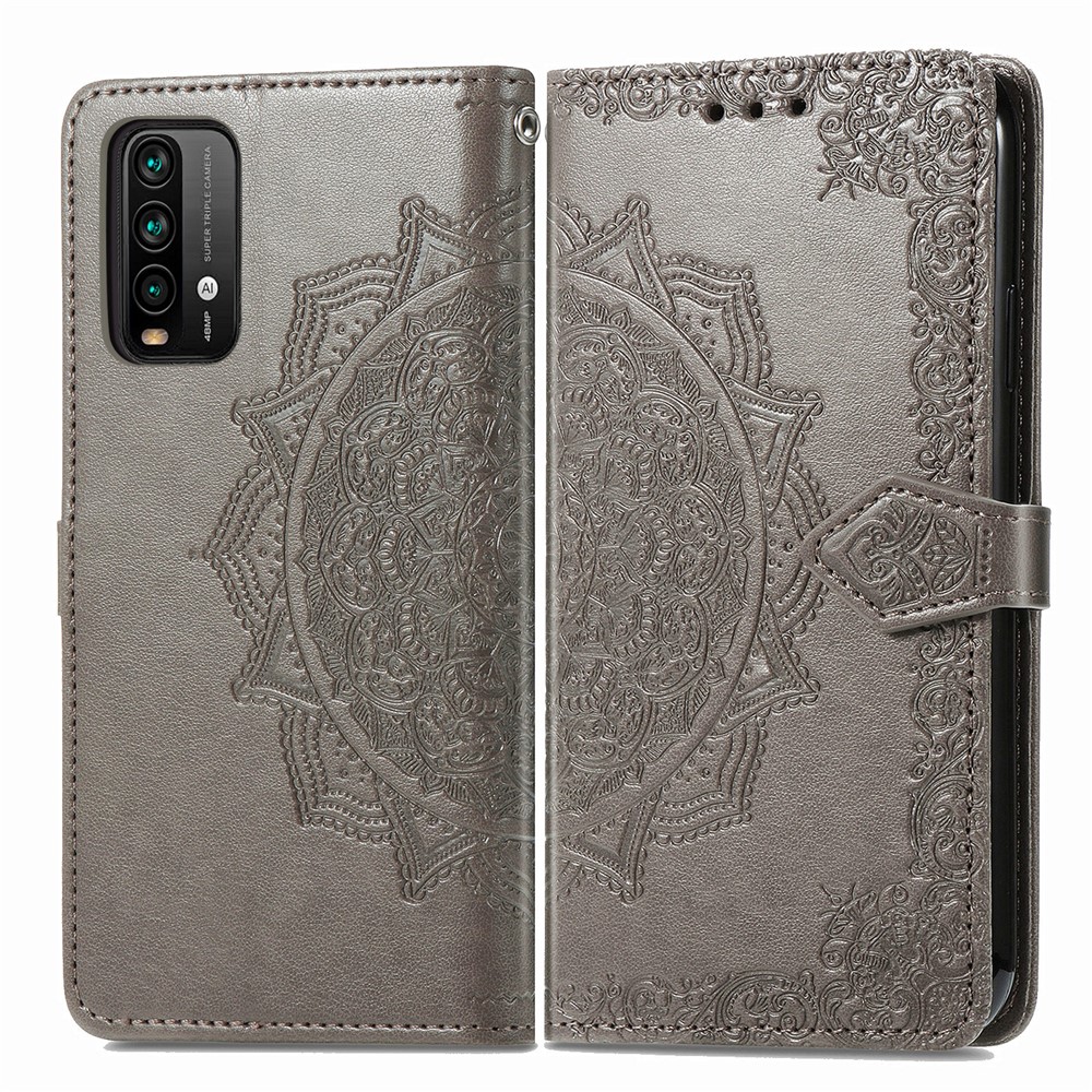 Mandala Flower Imprinting PU Leather Case with Wallet Stand Design for Xiaomi Redmi 9T/9 Power/Note 9 4G (Qualcomm Snapdragon 662) - Grey-1