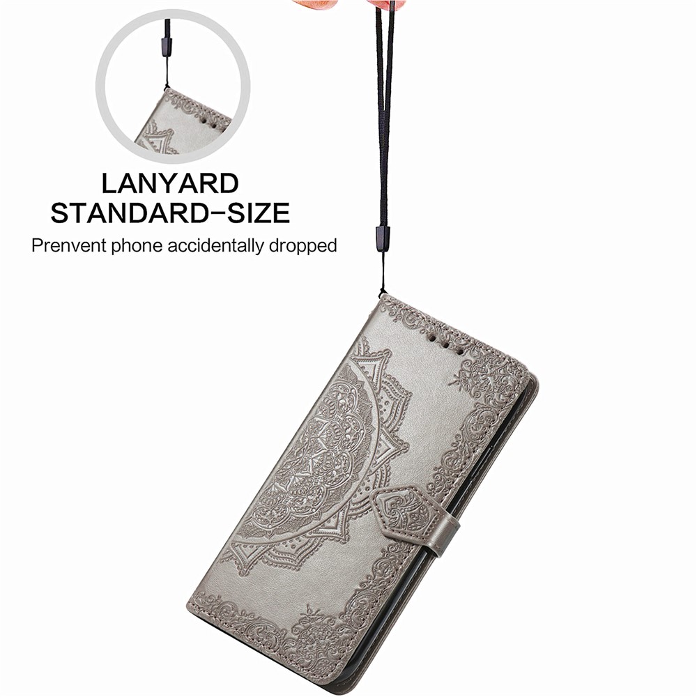 Mandala Flower Imprinting PU Leather Case with Wallet Stand Design for Xiaomi Redmi 9T/9 Power/Note 9 4G (Qualcomm Snapdragon 662) - Grey-10