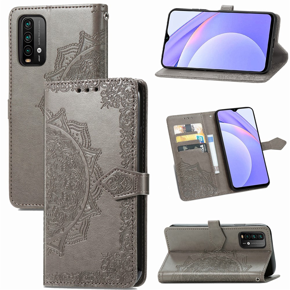 Mandala Flower Imprinting PU Leather Case with Wallet Stand Design for Xiaomi Redmi 9T/9 Power/Note 9 4G (Qualcomm Snapdragon 662) - Grey-11