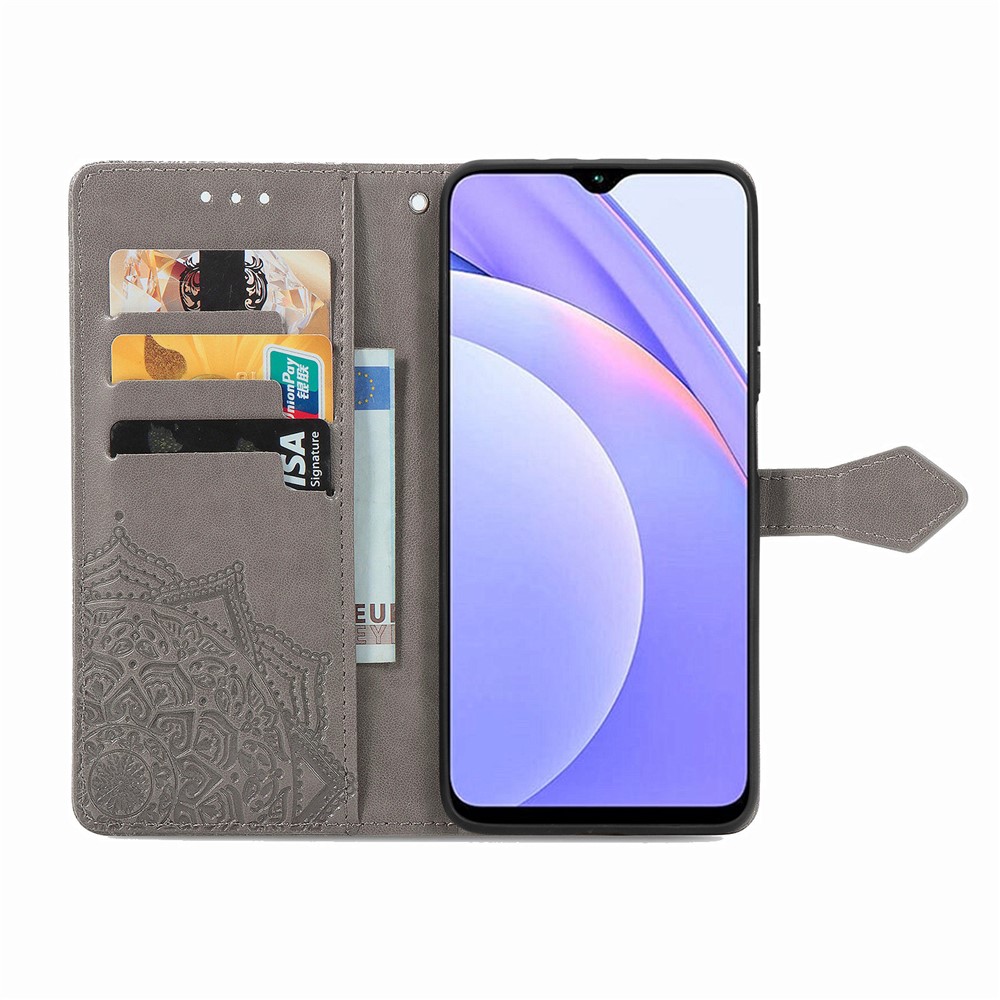 Mandala Flower Imprinting PU Leather Case with Wallet Stand Design for Xiaomi Redmi 9T/9 Power/Note 9 4G (Qualcomm Snapdragon 662) - Grey-3